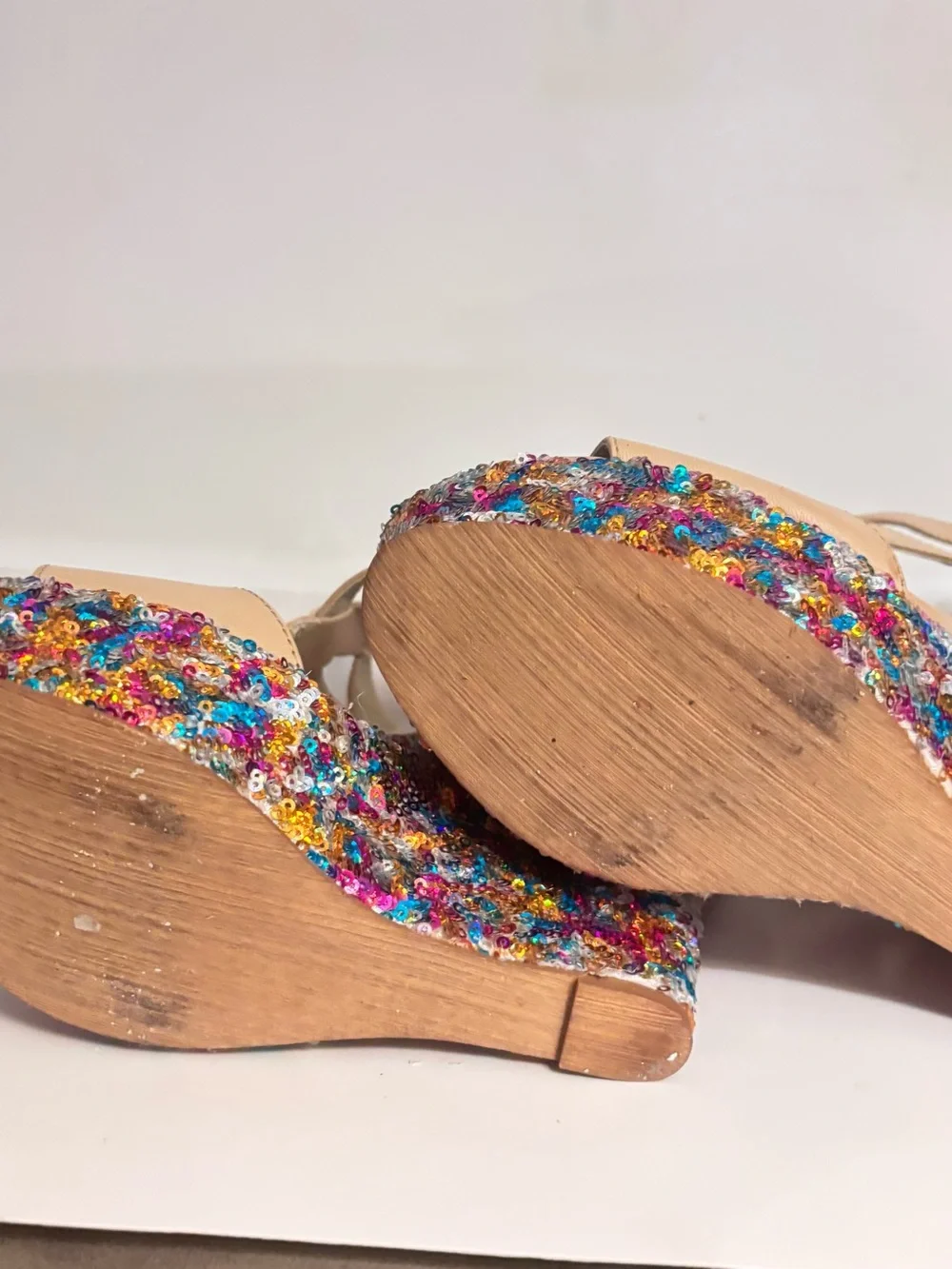 naughty monkey Nude T-Strap Wedge Sandals with Multicolor Sequin Platform